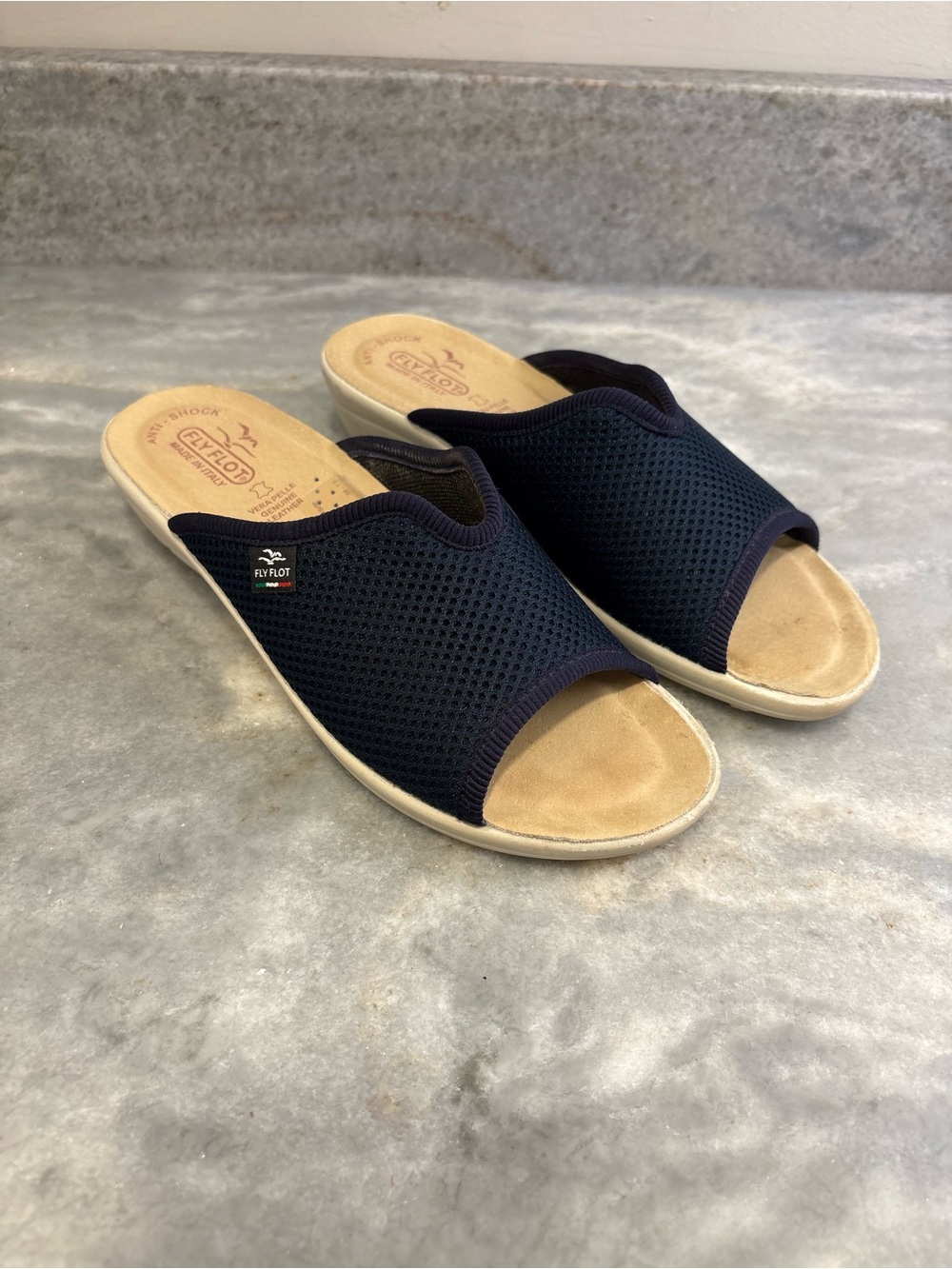 Fly Flot Women US 7 Navy Leather Sole Fabric Slide Wedge Sandals Italian Genuine